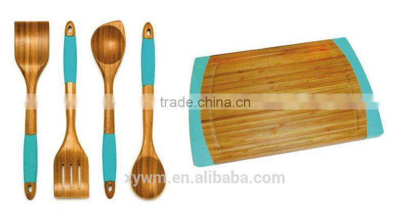 Bamboo Cutting Board and 5 Piece Kitchen Tools with Silicone Handles
