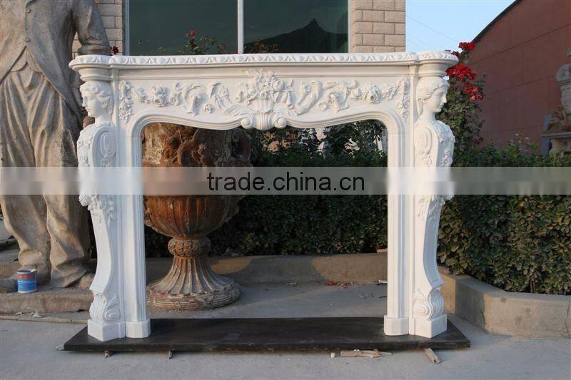 Carved by hands white marble fireplace