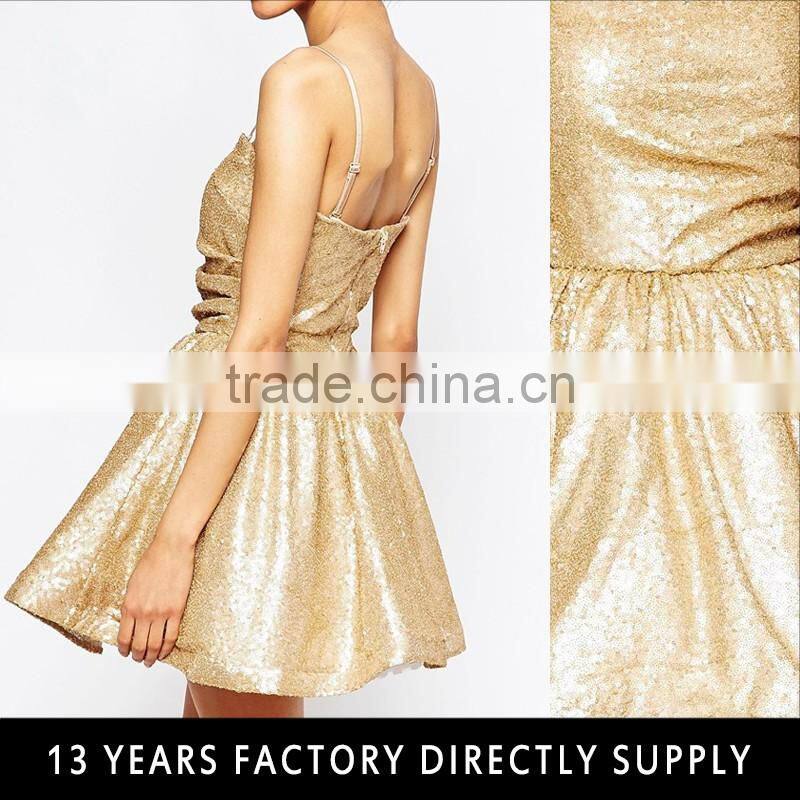 Sexy free shipping porm dress gold sequin spaghetti strap ball gown