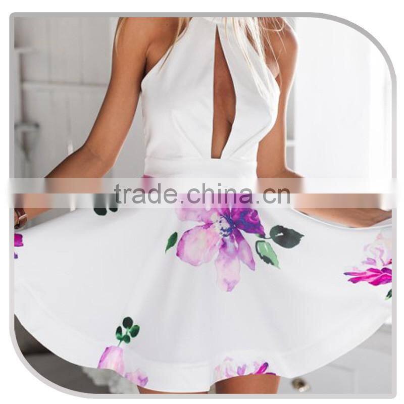 Summer halter one piece hollow out dress 2016 keyhole flower print A line simple casual dress