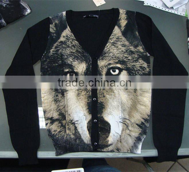 Women's V-neck no hand feeling reactive printing 100% cotton cardigan sweater