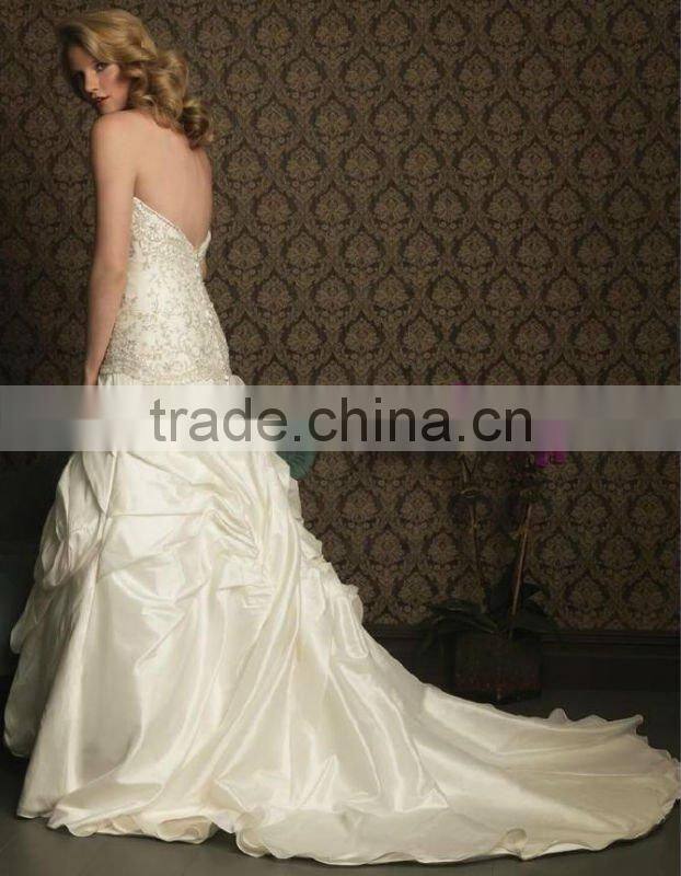 beautiful white satin sleeveless lace wedding gown