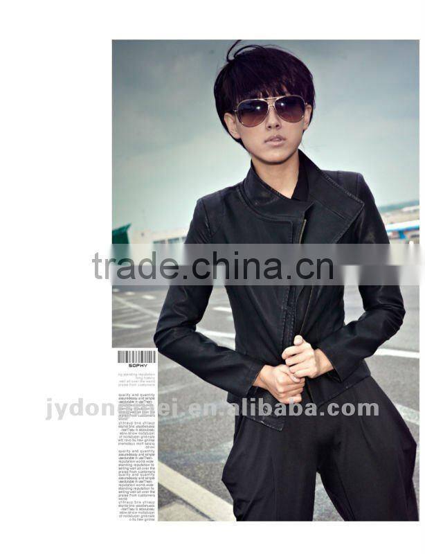 Inclined zipper PU casual jacket black and yellow