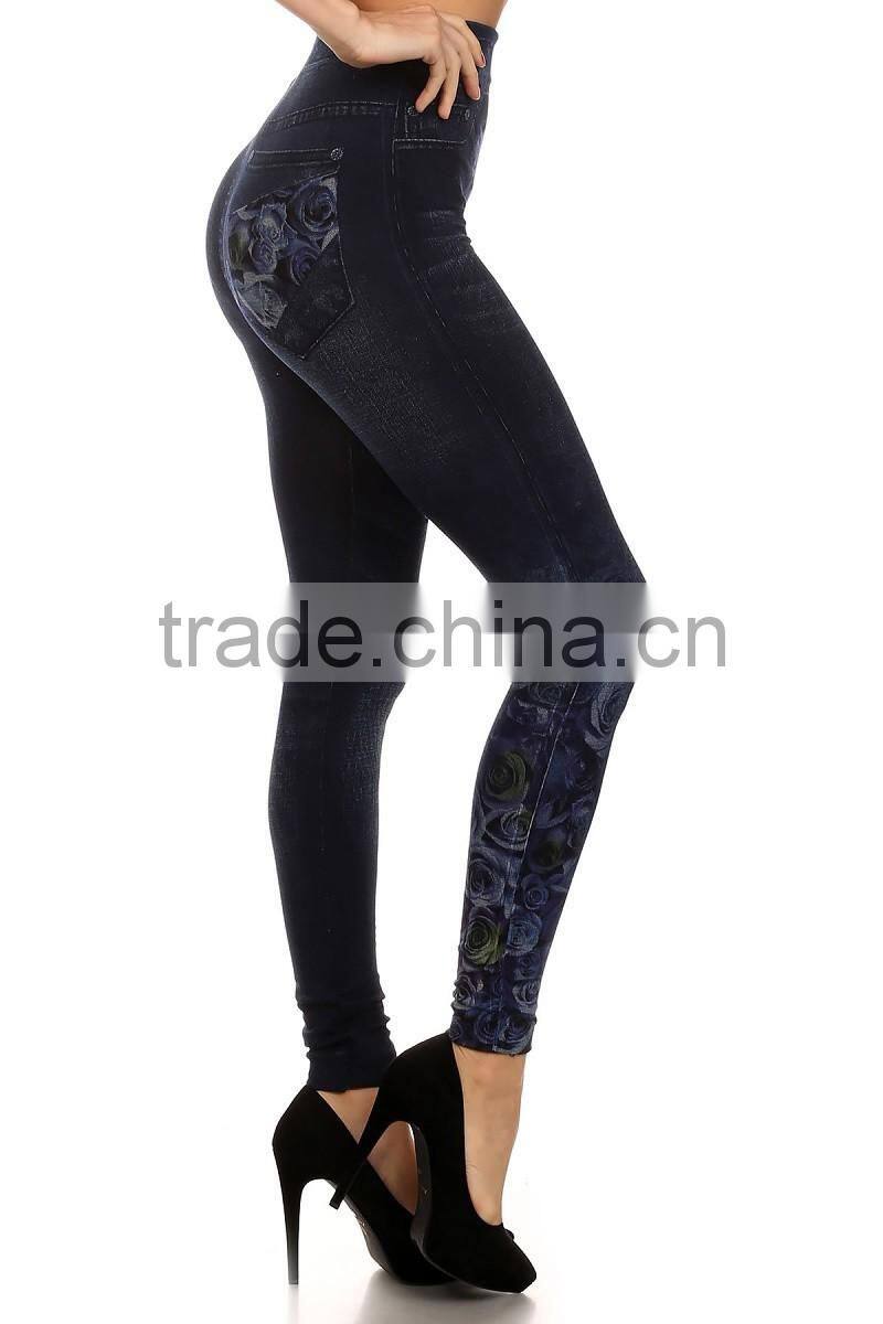 MGOO Custom Cheap Price Faux Denim Leggings High Waist Spandex Pants Foshan Manufacturer Yoga Wear
