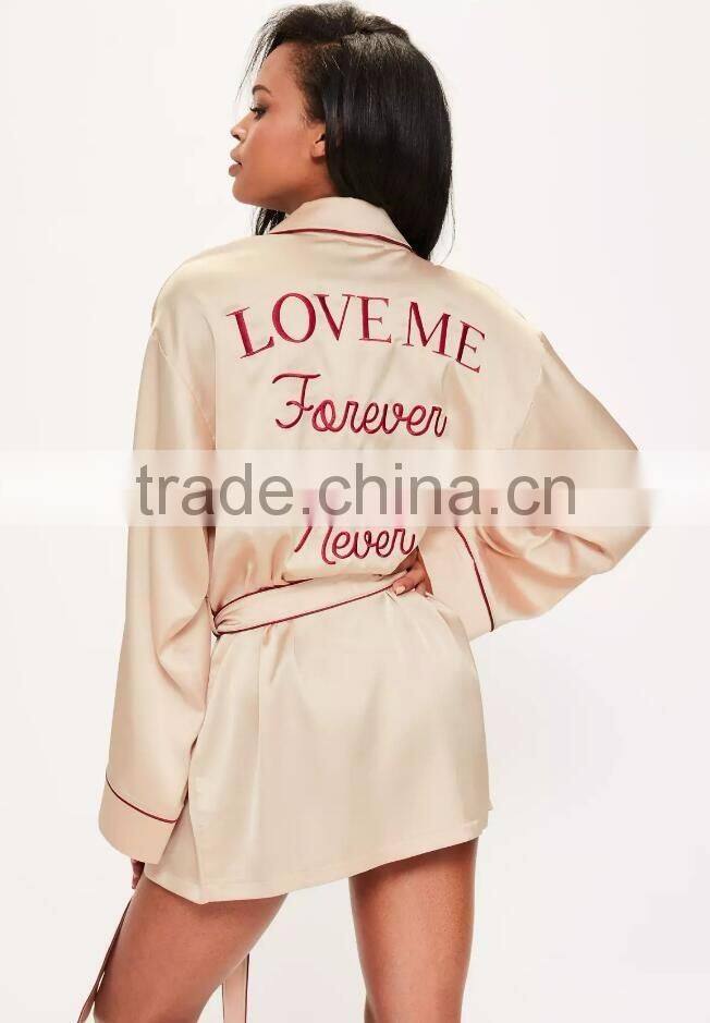 Nude PiPed Bridesmaid Satin Robe Embroidered Custom Logo Tie Waist Pyjamas Set Longline Shirt Dress Button