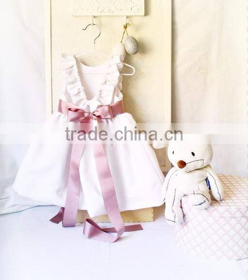 White Dress Girls Frocks Ruffle Sleeve High Waist Ribbon Summer Children Clothes