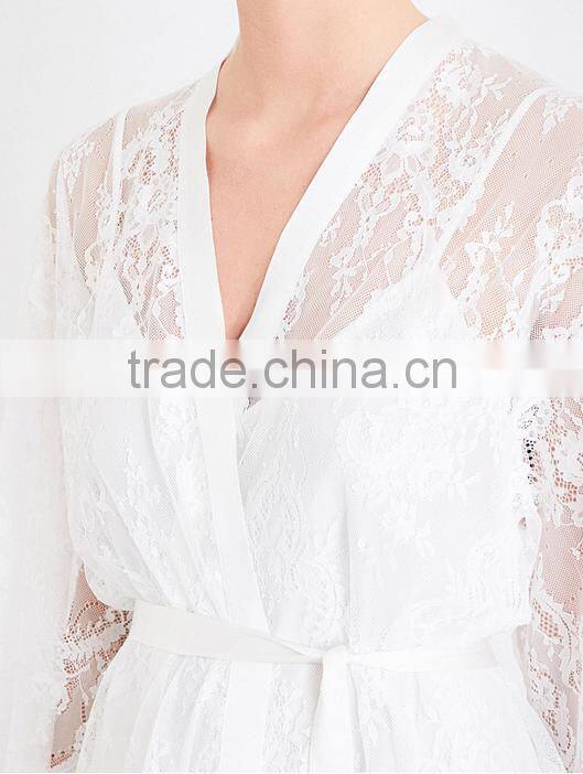 2017 new arrival ladies luxury silk satin robe, sheer floral-lace kimono robe