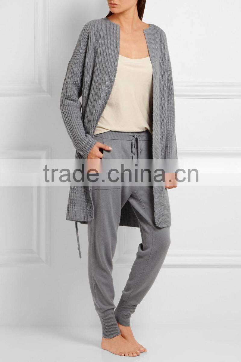 Light Grey Slips On Wool and Cashmere Blend Cardigan with Thin Waist Rope