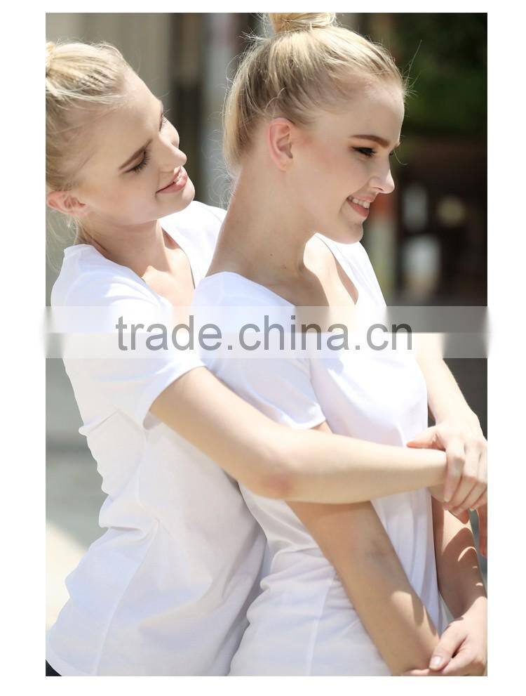 Womens V-neck silk cotton custom white t shirt top quality