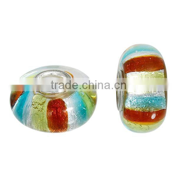 Round Silver Plated Core Stripe Multicolor Transparent Lampwork Glass European Style Large Hole Charm Beads