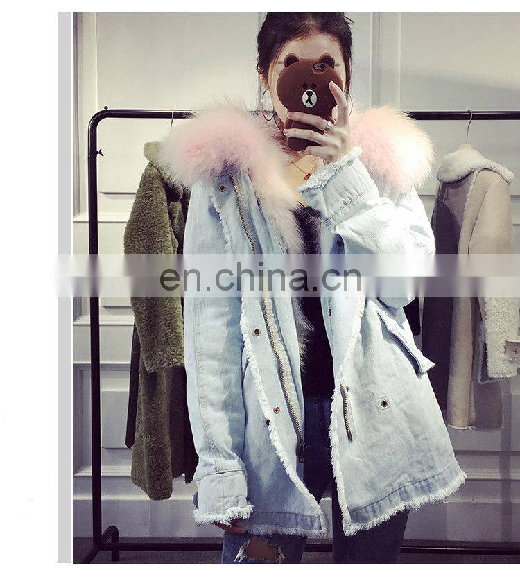 Custom High Fashion Lady Autumn and Winter Cheap Genuine Raccoon Fur Lining Women Jean Coat