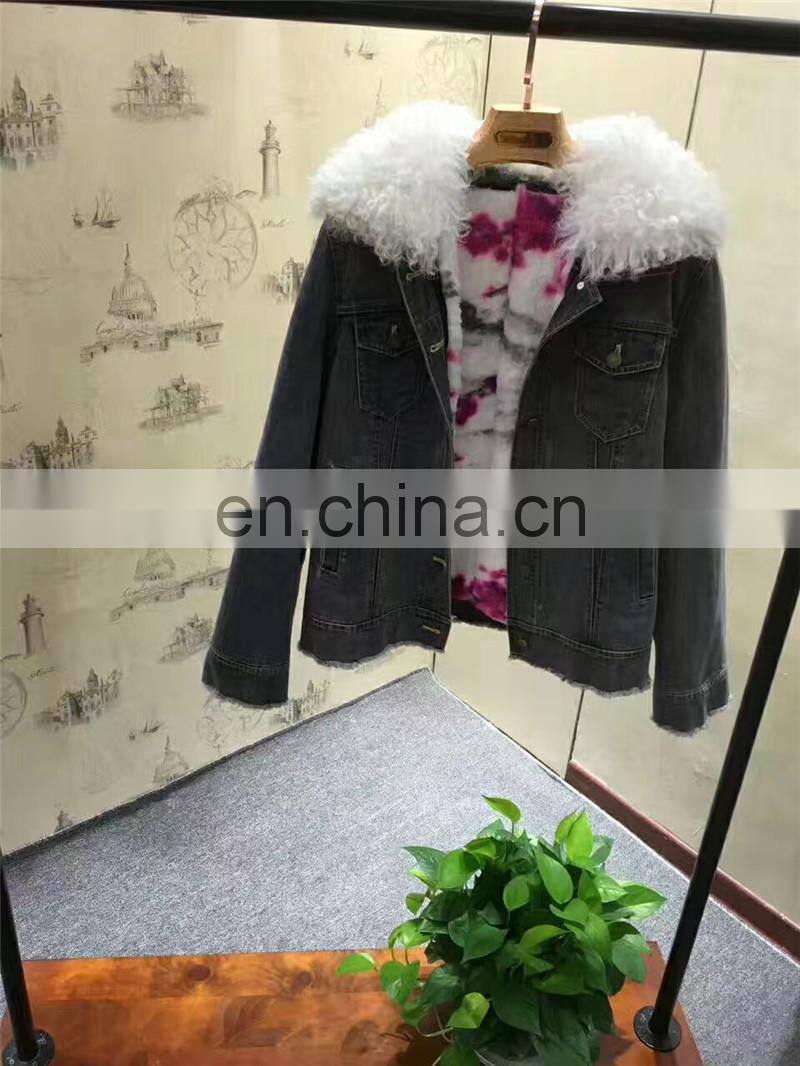 2016 Top Fashion Real Lamb Fur Collar Denim Parka with Hood Women Fur