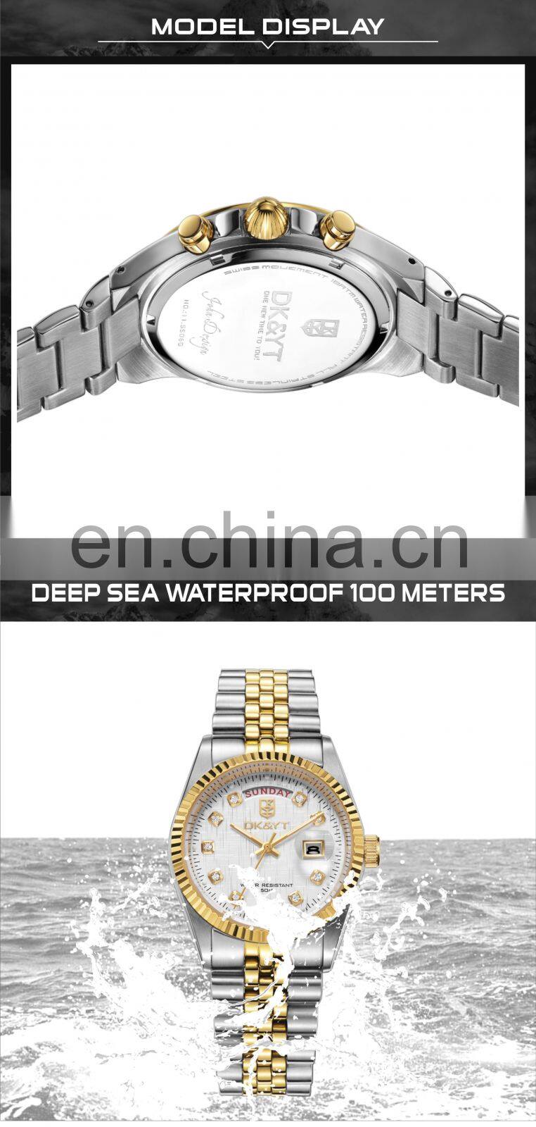 DK&YTMarried 2 Tones Couple Watches Stainless Steel Quartz Analog Lover's Diamond Numeral Pair Wristwatch