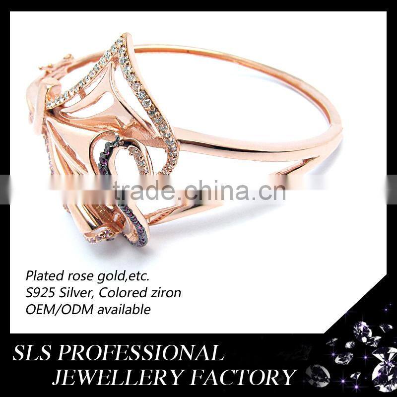 2015 Bangladesh 925 sterling silver rose gold plated fashion bangles colorful zircon bangle for women
