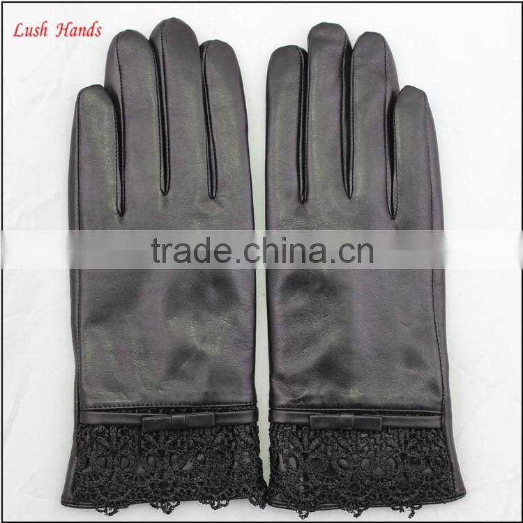 ladies sheepskin leather hand gloves with lace black