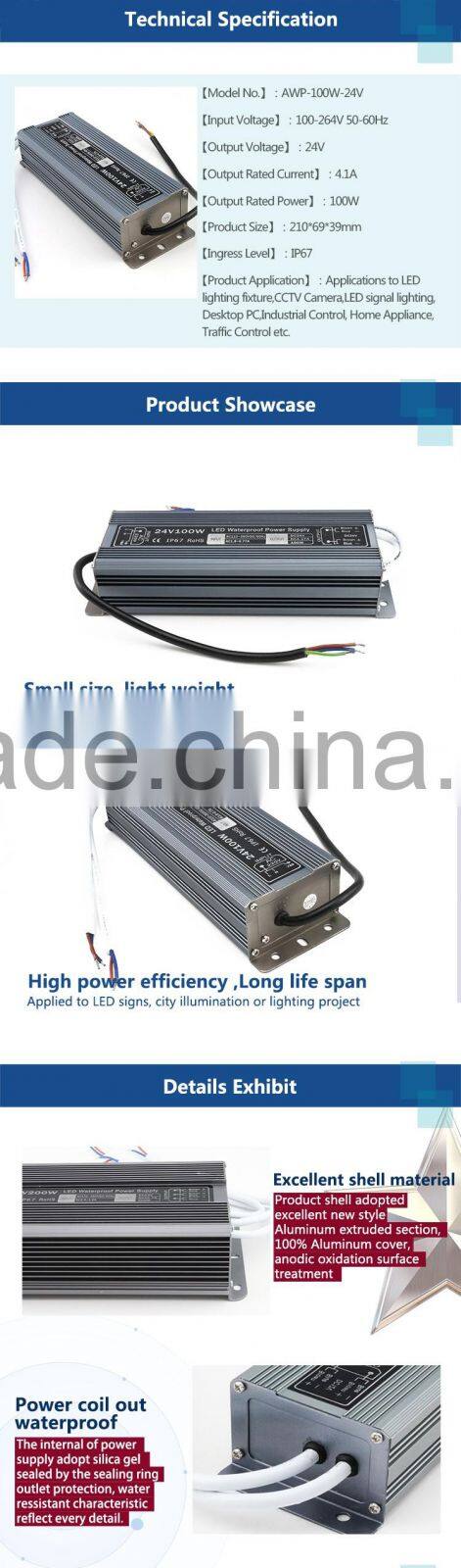 High Quality 100W 24V 4.1A output waterproof led switch power supply with Aluminium shell