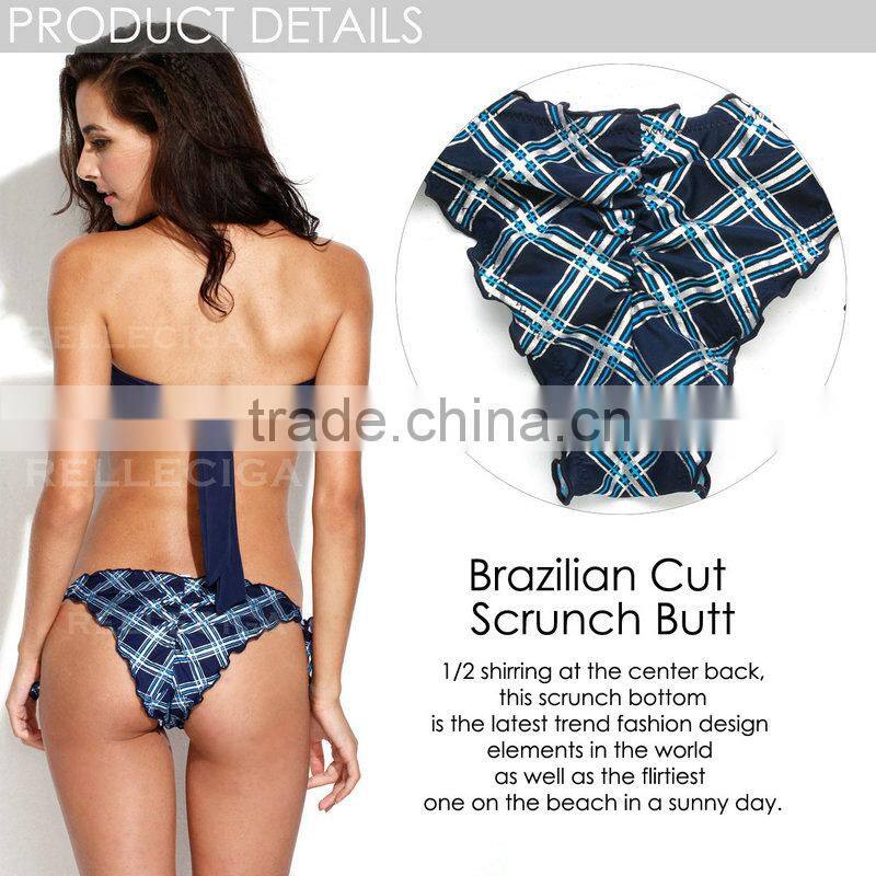 RELLECIGA 2016 Kaleidoscope Collection - Navy Blue Plaid Silver Foil+ Ruffle-trim Bandeau Bikini Set with Front Bow & Brazilian