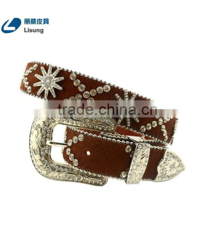 Brown Horse Hair Spur Bling Rhinestone Studded Belt