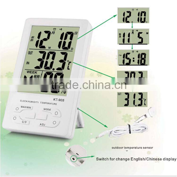 household Large electronic display thermometer hygrometern KT905 digital thermo-humidity meter with clock calendar alarm