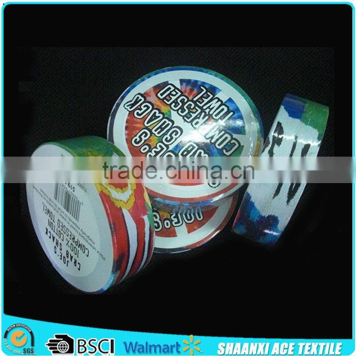 Full color printed compressed beach towel with print card,high quality round maigc beach towel