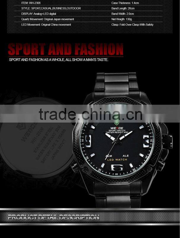 2014 weide JAPAN Miyota Quartz Watch Analog & Digital Watch for Men Military Watches,Men Full Steel Watches/WH2306