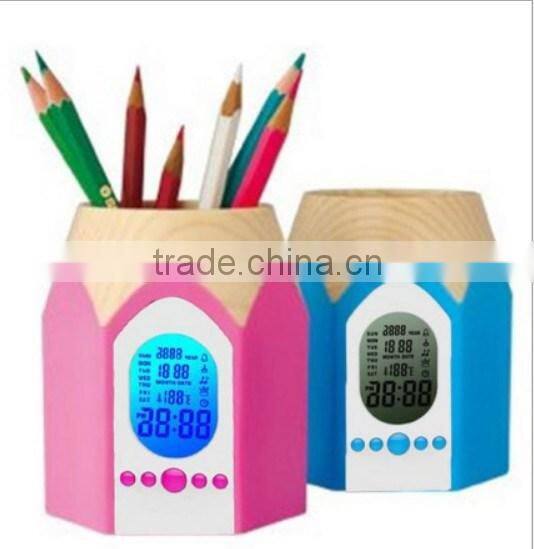 hot sale cheap digital led color change wooden pen holder clock