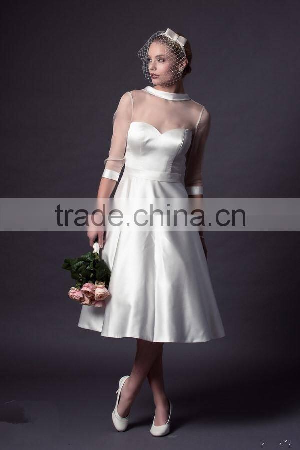 (MY0509) MARRY YOU 2016 Short High Neck Soft Satin Tea Length Wedding Dresses With Sleeves