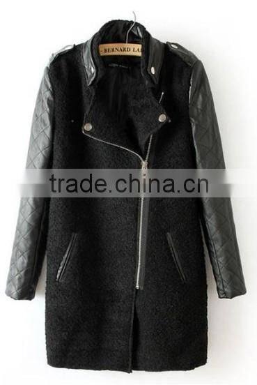 Black Contrast Leather Quilted Sleeve wool Zipper Coat