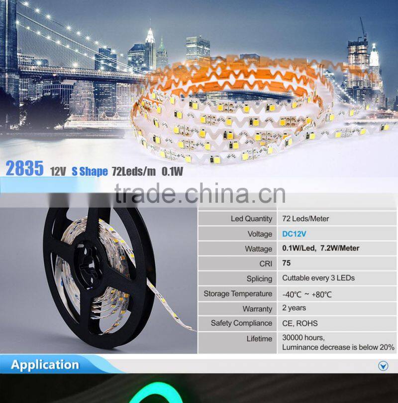 7.2w SMD 2835 S shape super ultra thin 100m led strip