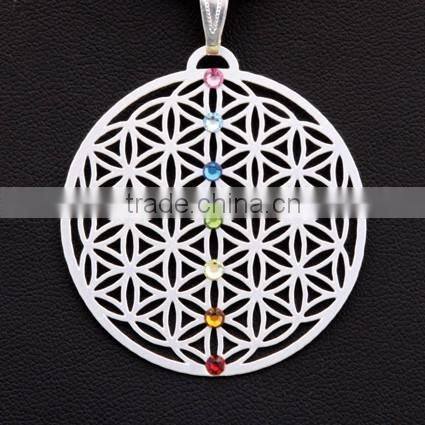 Stainless steel tatoo symbol seven color crystal round chakra jewelry pendants necklaces(YZ-003)