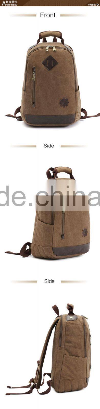 Canvas School Backpack with PU Leather Trim Vintage Rucksack Laptop Satchel Bag Khaki Canvas Backpack Knapsack