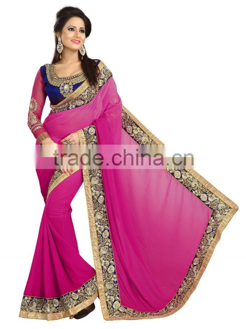 Pink Georgette embroidery saree with valvet Blouse