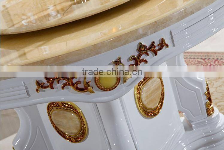 Chinese style dining room furniture, solid wood white and gold color marble top lazy susan diing table