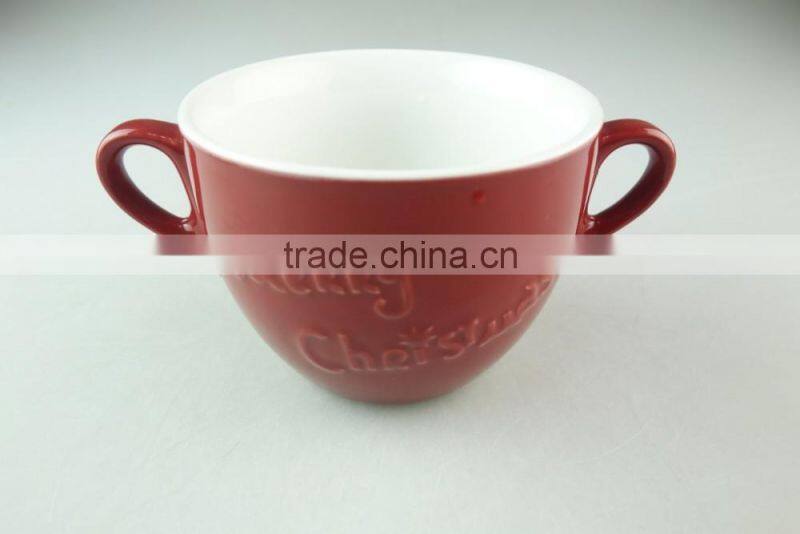 stock cheap red color ceramic soup cup with two handles