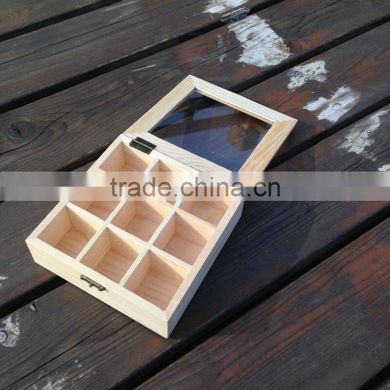 pine Customize multicellular glass display wooden box 9 grids packaging box tea storage gift jewelry box 15*15*5.2cm