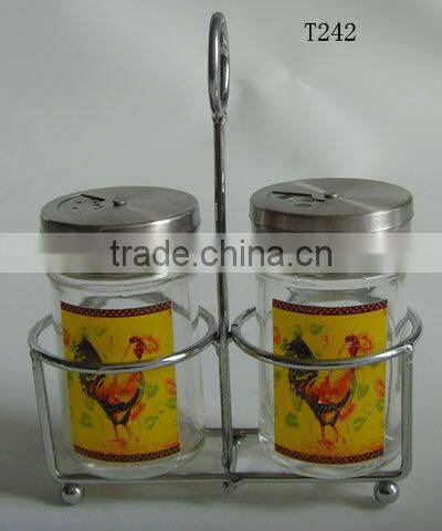 cylinder glass spice container set with frame