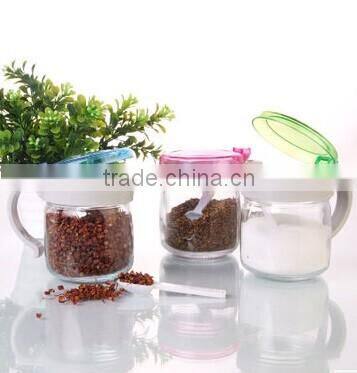 three pieces clear glass cruet set with plastic lid and plastic spoon