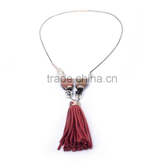 wood bead chain necklace tassel necklace geometric metal beads rings on chain necklace