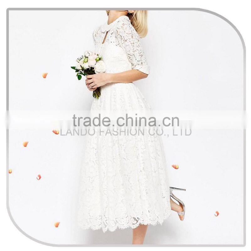 White adjustable collar ball gown wedding dress 2016 Elegant crochet lace wedding dress bridal gown