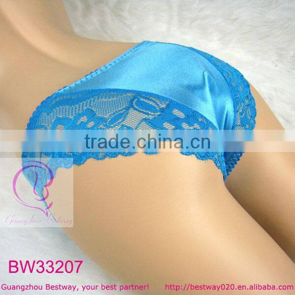Front full transparent lace fabric back shiny satin panties with lace