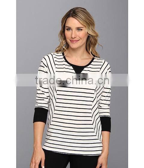 women white black stripe fleece scoop neckline with sweater-stitch at front three-quarter length dolman sleeves sweater fleece