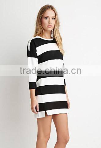 Women's classic stripes split mini 7 minutes of sleeve dress