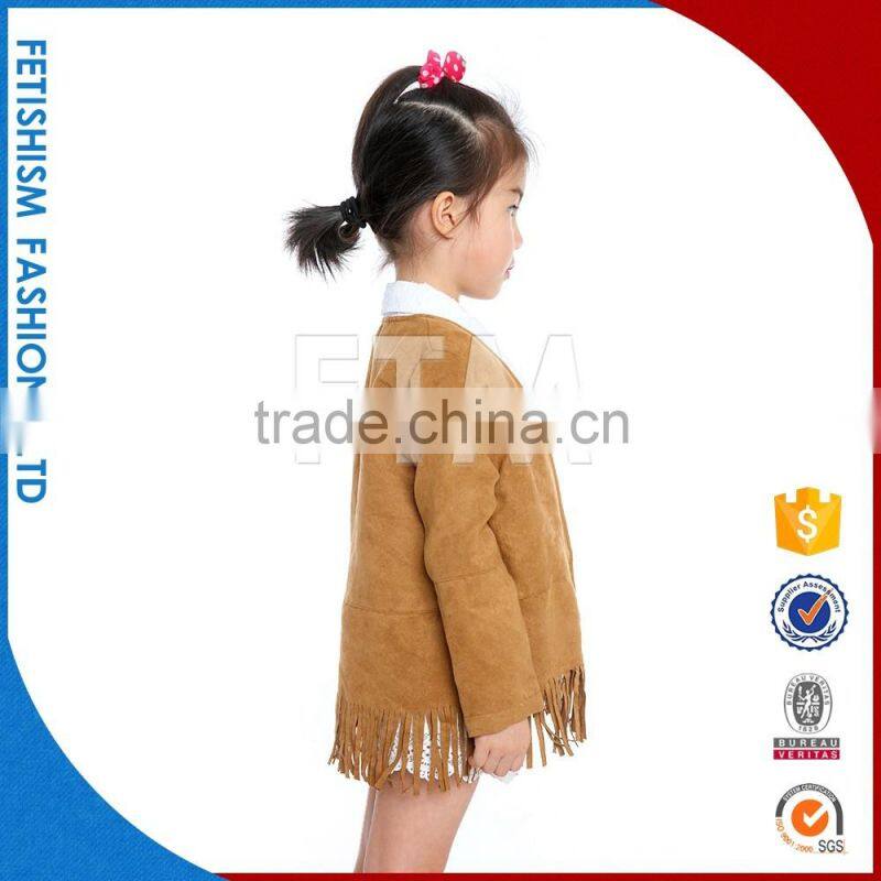 wholesale 100% Cotton sweater kids Khaki Tassel shawl jacket / fancy kids winter coats for girls