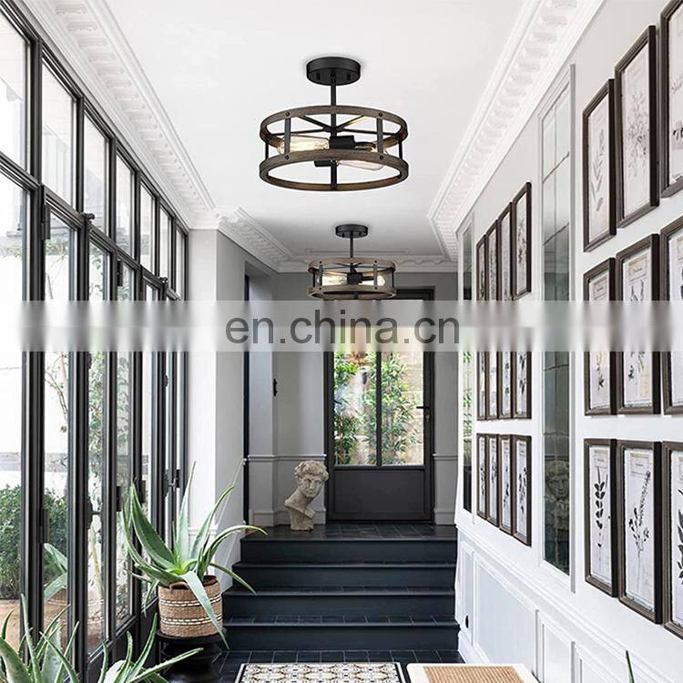 Farmhouse Flush Mount Ceiling Lighting Metal Cage Ceiling Light Close to Ceiling Lighting Wood and Matte Black Finish