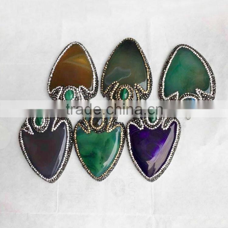 PC1612 Crystal pave agate arrowhead pendants,gemstone pave diamond arrow head pendants