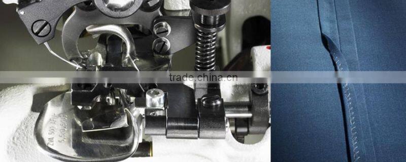 Universal blind stitch sewing machine with skip stitch device and spring-loaded rib shaft for thick fabrics