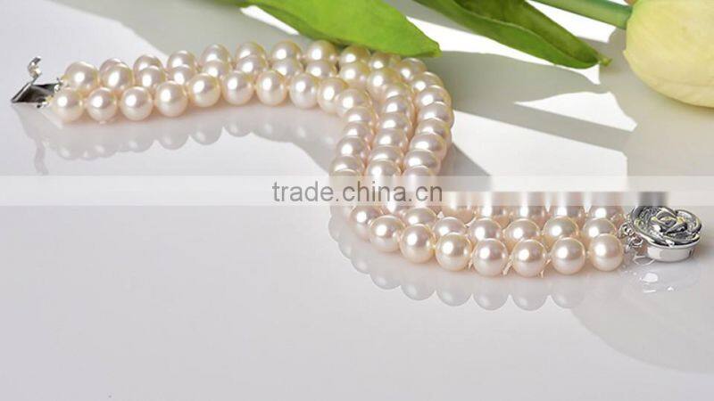 pearl jewelry fresh water pearl three layer bracelet white color near round shape aaa quality