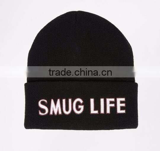 Girls Black Custom Knitted Beanie Winter Hat with White Embroidered Logo