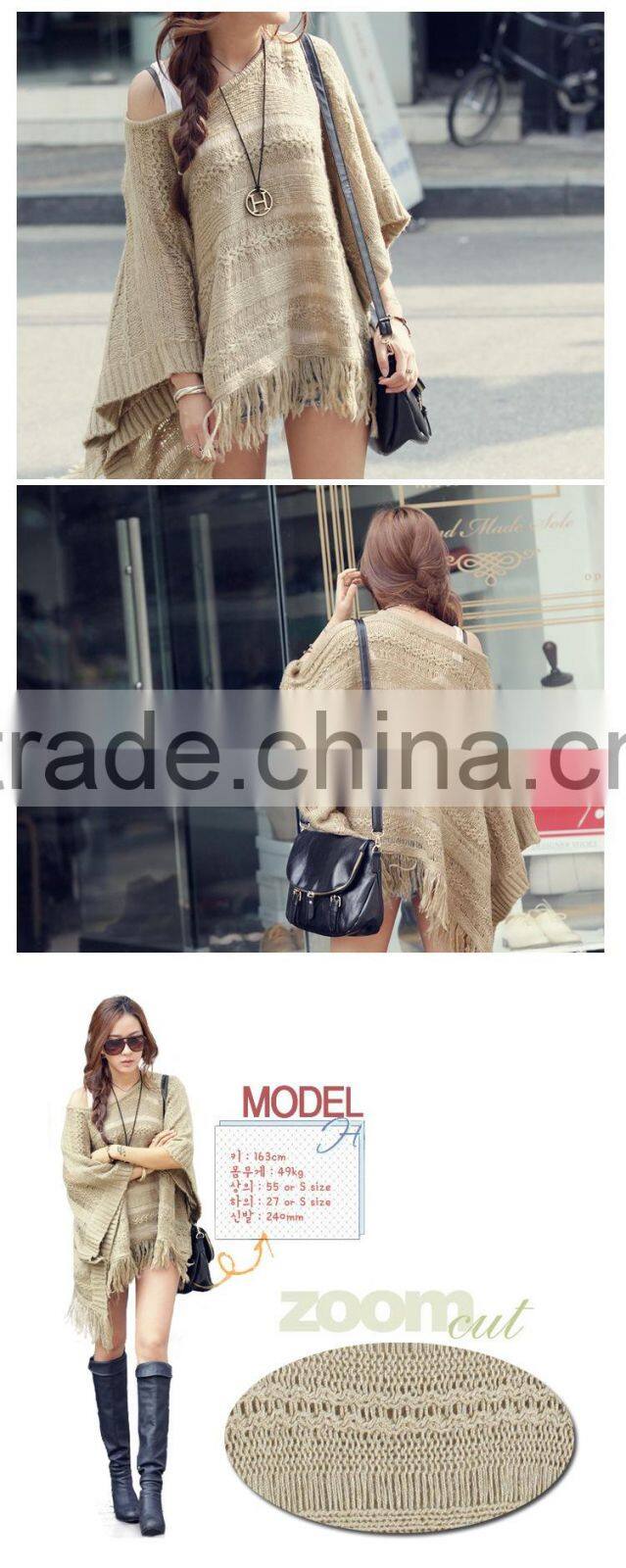 2015 New loose fat MM hollow out cloak tassel batwing coat knitting sweater shawl irregular smock