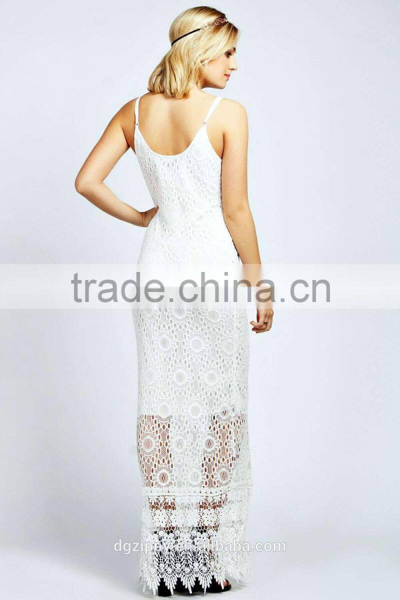 2016 Adjustable straps scoop V neckline evening dress/Sexy slim-cut sheer crochet maxi dress women party dress